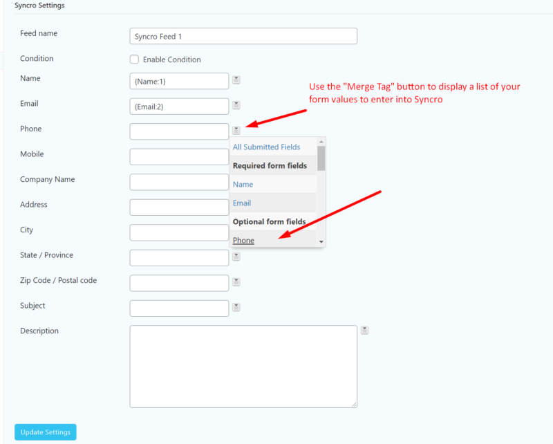 Map syncro form fields to website form fields.