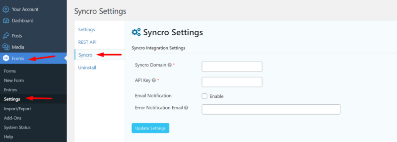 The Syncro website form general connection settings